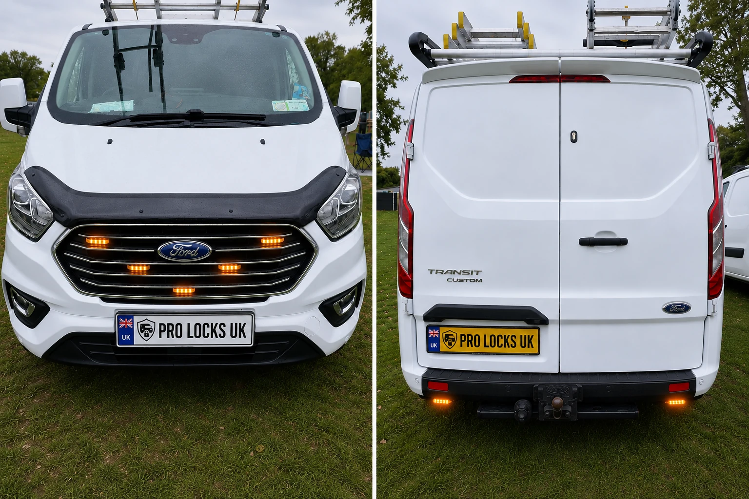 Ford Transit Custom with five front grille amber warning lights and rear amber warning lights fitted by Pro Locks UK